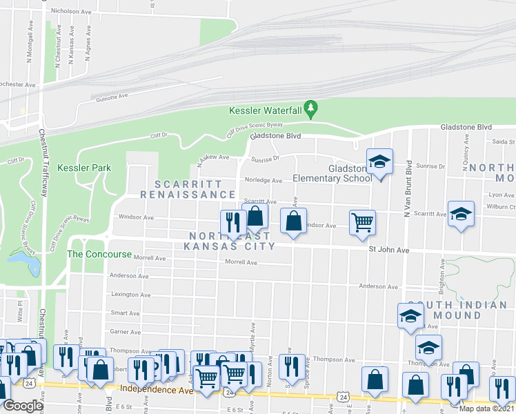 map of restaurants, bars, coffee shops, grocery stores, and more near 3925 Scarritt Avenue in Kansas City