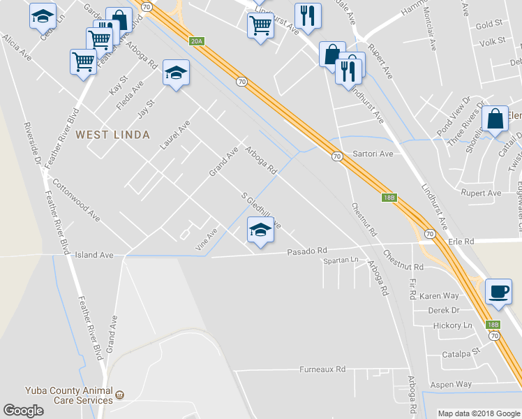 map of restaurants, bars, coffee shops, grocery stores, and more near 5549 South Gledhill Avenue in Olivehurst