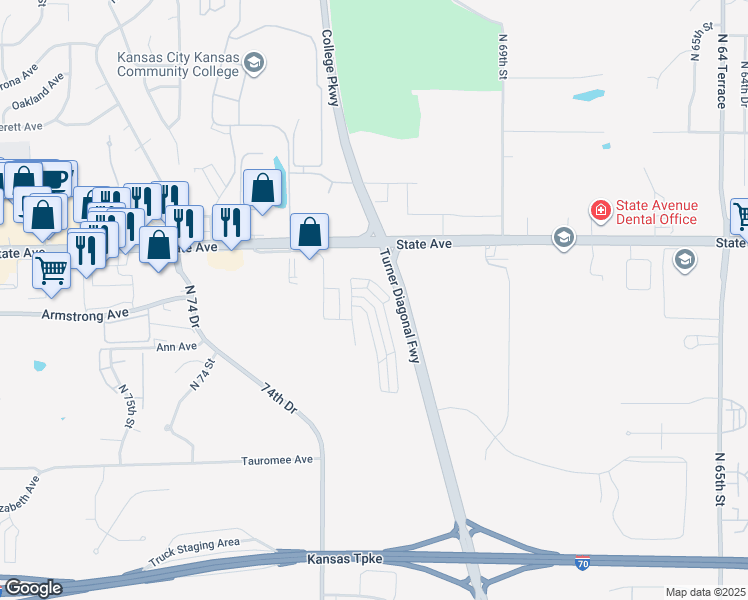 map of restaurants, bars, coffee shops, grocery stores, and more near 910 North 70th Street in Kansas City