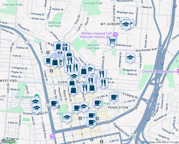 map of restaurants, bars, coffee shops, grocery stores, and more near 206 Peete Street in Cincinnati