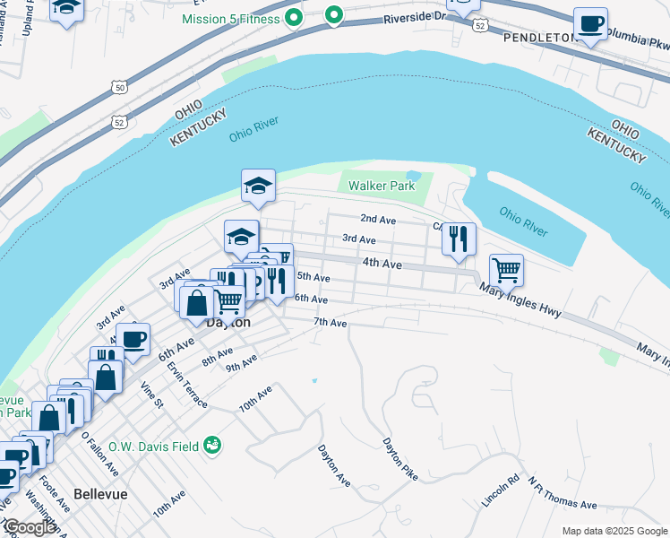 map of restaurants, bars, coffee shops, grocery stores, and more near 311 Main Street in Dayton