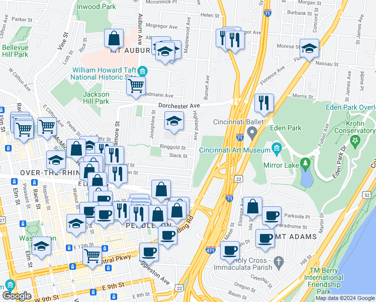 map of restaurants, bars, coffee shops, grocery stores, and more near 1815 Highland Avenue in Cincinnati