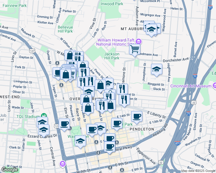 map of restaurants, bars, coffee shops, grocery stores, and more near 206 Peete Street in Cincinnati
