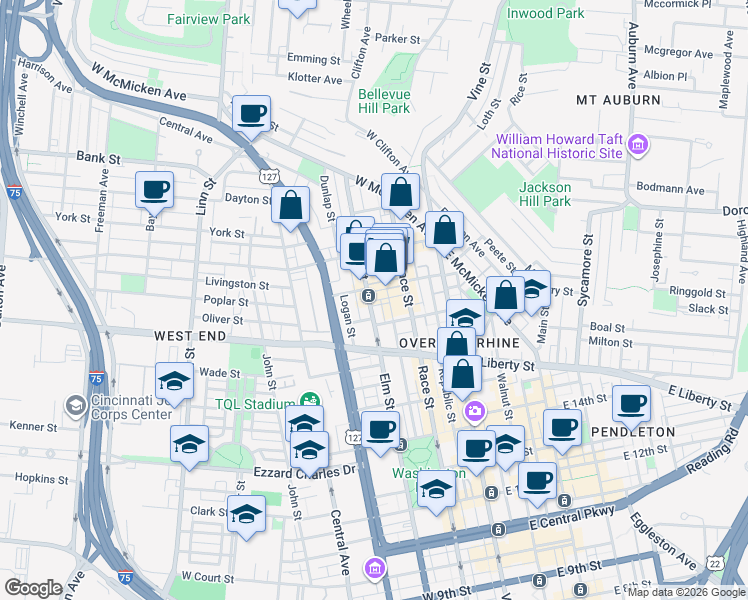 map of restaurants, bars, coffee shops, grocery stores, and more near 116 West Elder Street in Cincinnati
