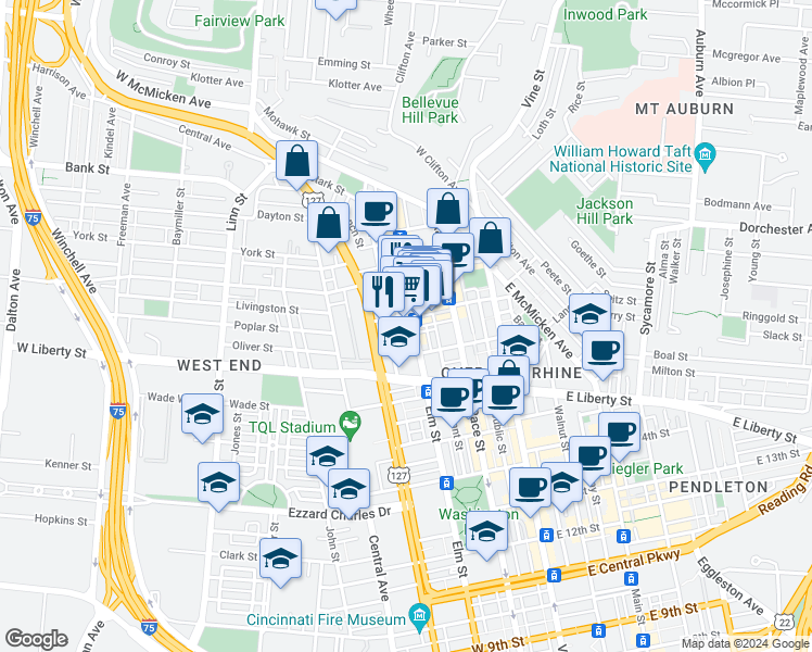 map of restaurants, bars, coffee shops, grocery stores, and more near 1810 Campbell St in Cincinnati