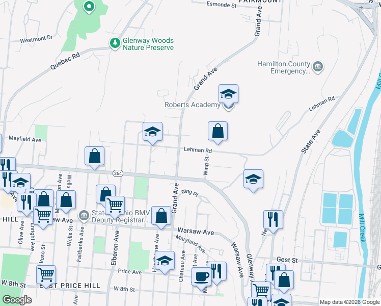 map of restaurants, bars, coffee shops, grocery stores, and more near 2940 Lehman Road in Cincinnati