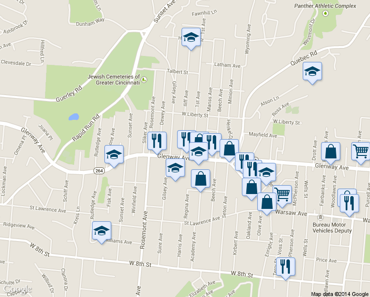 map of restaurants, bars, coffee shops, grocery stores, and more near 1235 Iliff Avenue in Cincinnati
