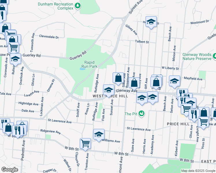 map of restaurants, bars, coffee shops, grocery stores, and more near 1261 Mckeone Avenue in Cincinnati