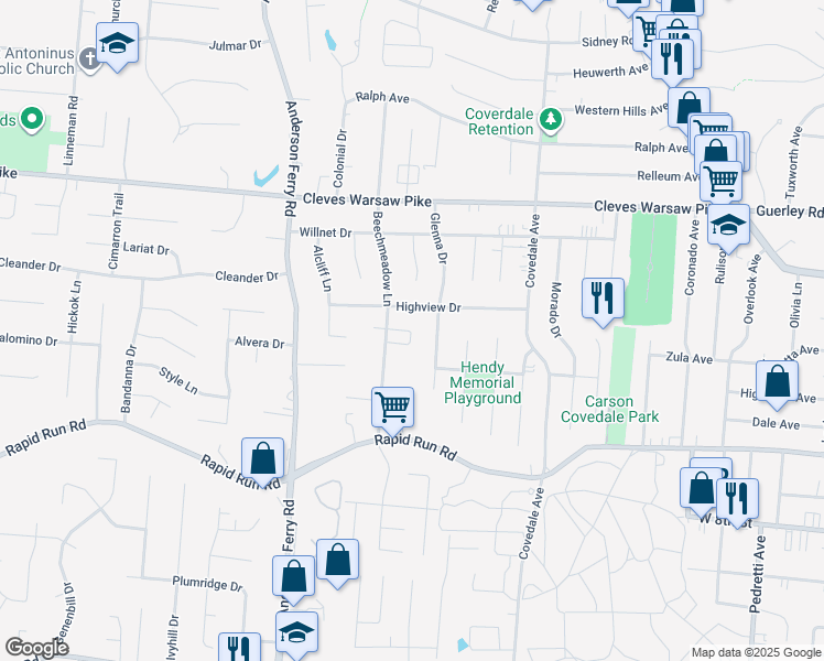 map of restaurants, bars, coffee shops, grocery stores, and more near 5227 Highview Drive in Cincinnati