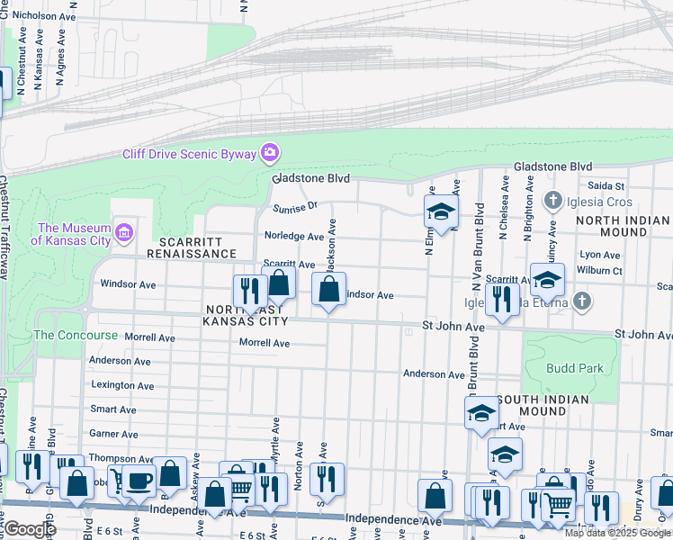 map of restaurants, bars, coffee shops, grocery stores, and more near 310 North Jackson Avenue in Kansas City