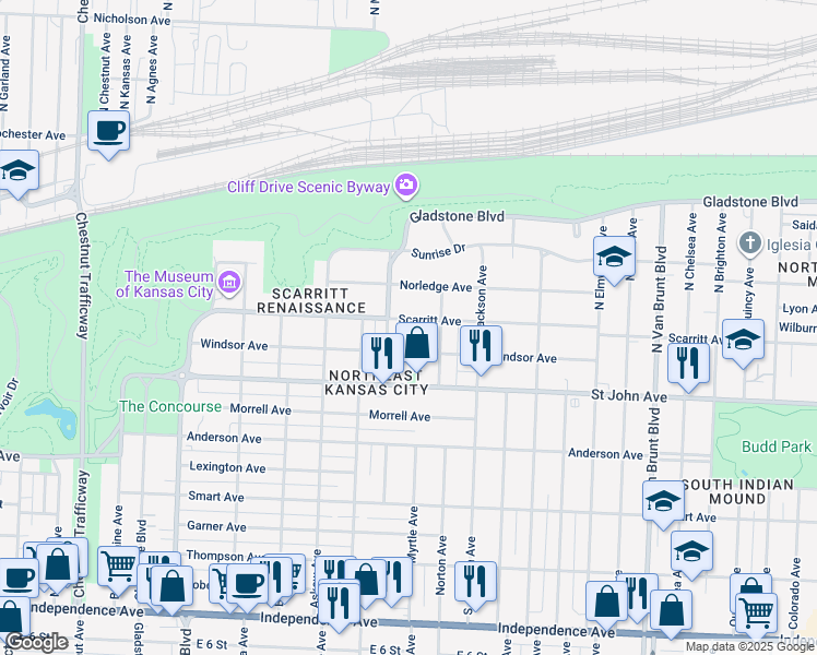 map of restaurants, bars, coffee shops, grocery stores, and more near 307 North Gladstone Boulevard in Kansas City