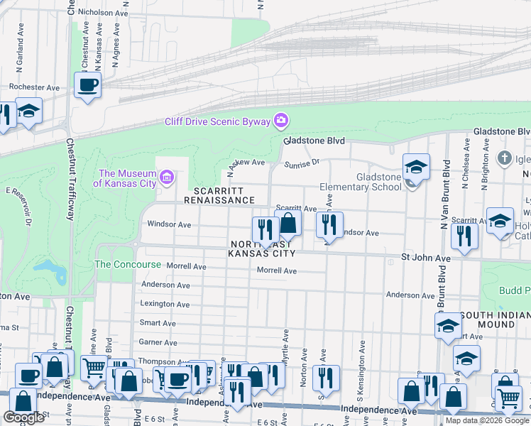 map of restaurants, bars, coffee shops, grocery stores, and more near 307 North Gladstone Boulevard in Kansas City