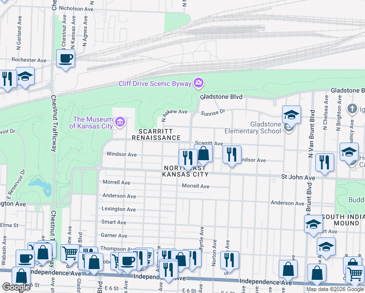 map of restaurants, bars, coffee shops, grocery stores, and more near 3620 Gladstone Boulevard in Kansas City