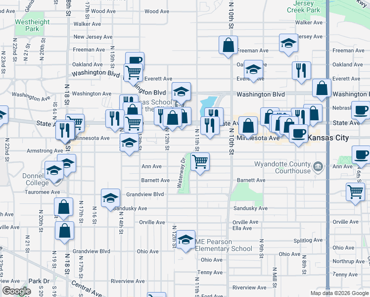map of restaurants, bars, coffee shops, grocery stores, and more near 1133 Minnesota Avenue in Kansas City