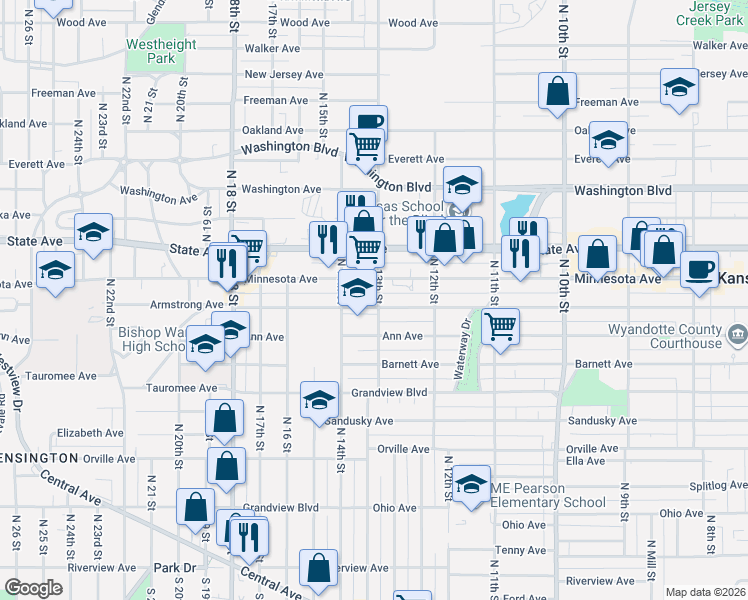 map of restaurants, bars, coffee shops, grocery stores, and more near 1322 Minnesota Avenue in Kansas City