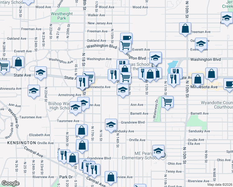 map of restaurants, bars, coffee shops, grocery stores, and more near 1417 Minnesota Avenue in Kansas City