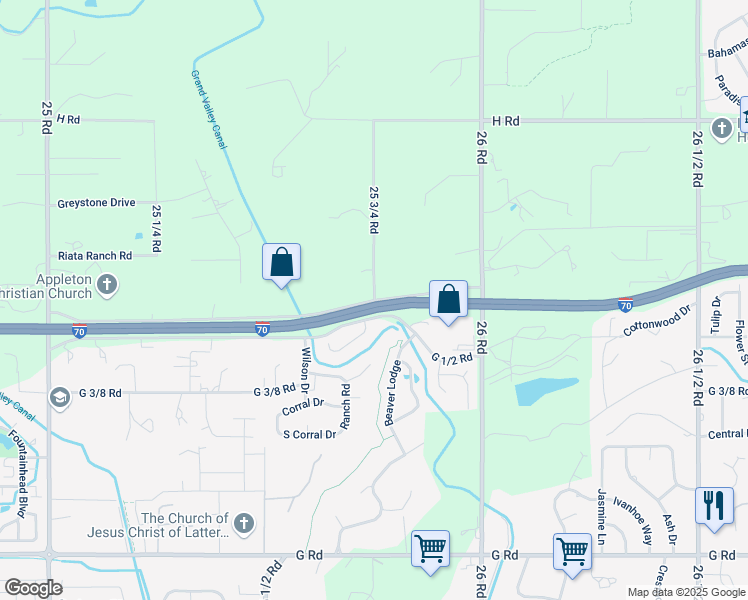 map of restaurants, bars, coffee shops, grocery stores, and more near 701 25 3/4 Road in Grand Junction