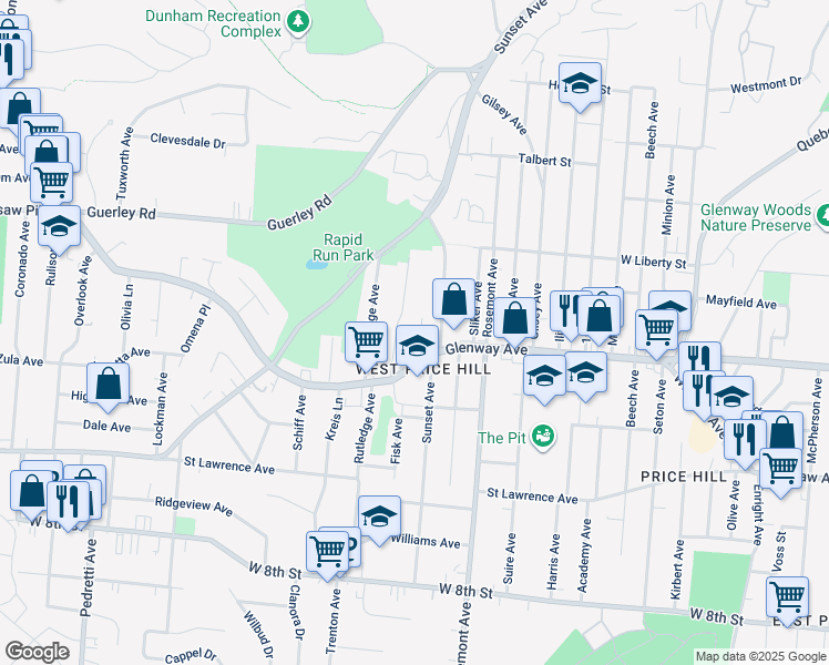 map of restaurants, bars, coffee shops, grocery stores, and more near 1261 Mckeone Avenue in Cincinnati