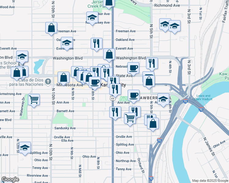 map of restaurants, bars, coffee shops, grocery stores, and more near 905 North 7th Street Trafficway in Kansas City