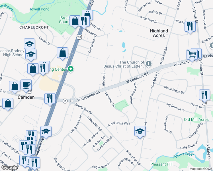 map of restaurants, bars, coffee shops, grocery stores, and more near 28 South Springview Drive in Dover