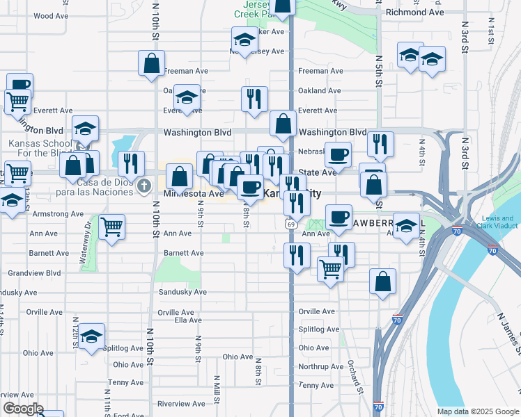 map of restaurants, bars, coffee shops, grocery stores, and more near 749 Minnesota Avenue in Kansas City