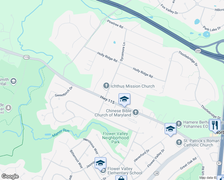 map of restaurants, bars, coffee shops, grocery stores, and more near 15707 Sycamore Lane in Rockville
