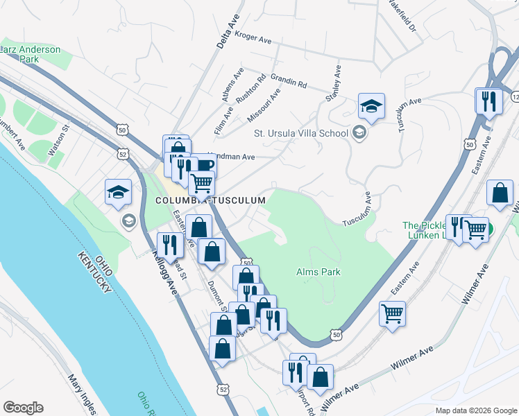 map of restaurants, bars, coffee shops, grocery stores, and more near 3710 Stevens Place in Cincinnati