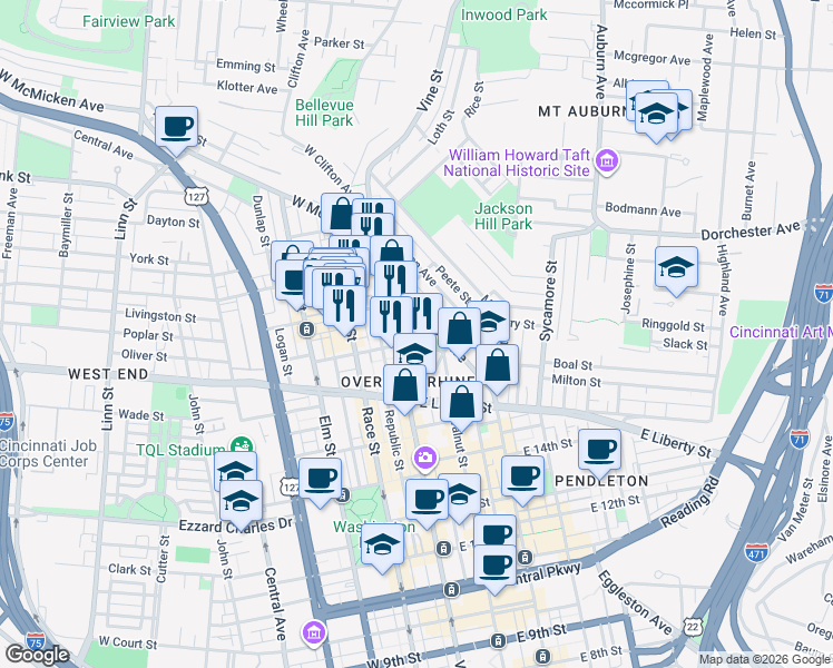 map of restaurants, bars, coffee shops, grocery stores, and more near 21 West 13th Street in Cincinnati