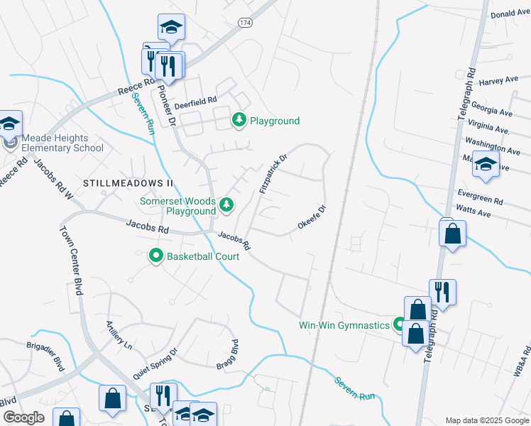 map of restaurants, bars, coffee shops, grocery stores, and more near 8420 Gale Lane in Severn