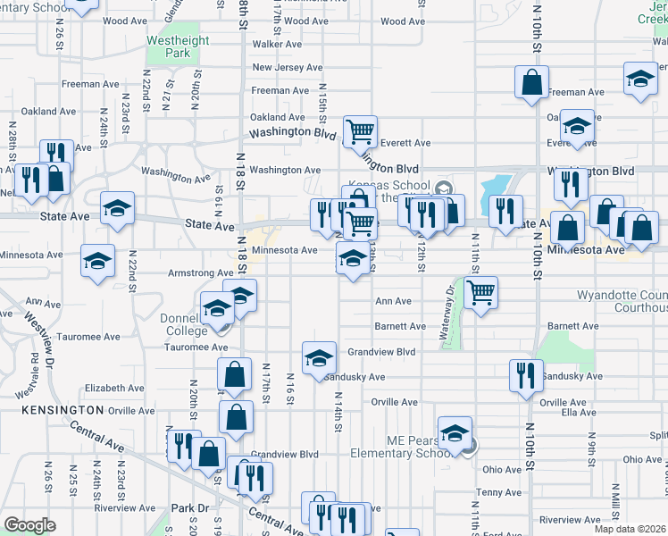 map of restaurants, bars, coffee shops, grocery stores, and more near 1417 Minnesota Avenue in Kansas City