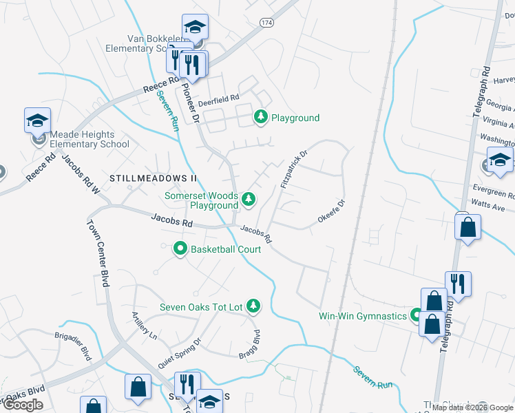 map of restaurants, bars, coffee shops, grocery stores, and more near 1746 Jacobs Meadow Drive in Severn