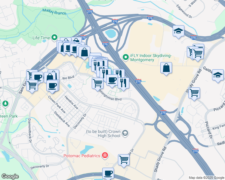 map of restaurants, bars, coffee shops, grocery stores, and more near 9801 Washingtonian Boulevard in Gaithersburg
