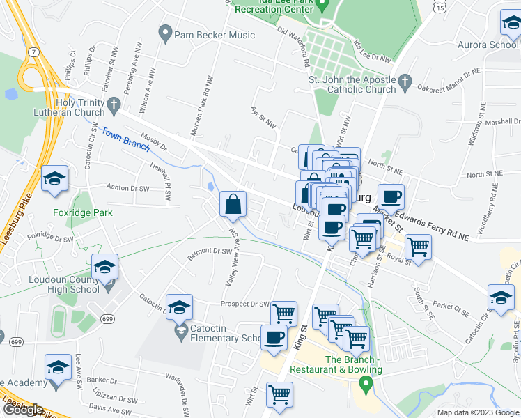 map of restaurants, bars, coffee shops, grocery stores, and more near 202 Occoquan Terrace Southwest in Leesburg