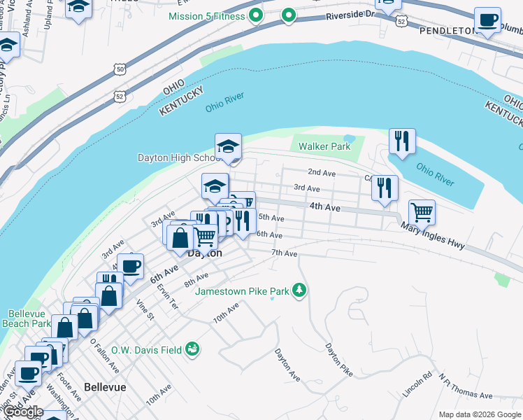 map of restaurants, bars, coffee shops, grocery stores, and more near 801 4th Avenue in Dayton