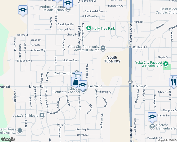 map of restaurants, bars, coffee shops, grocery stores, and more near 896 Mesa Verde in Yuba City