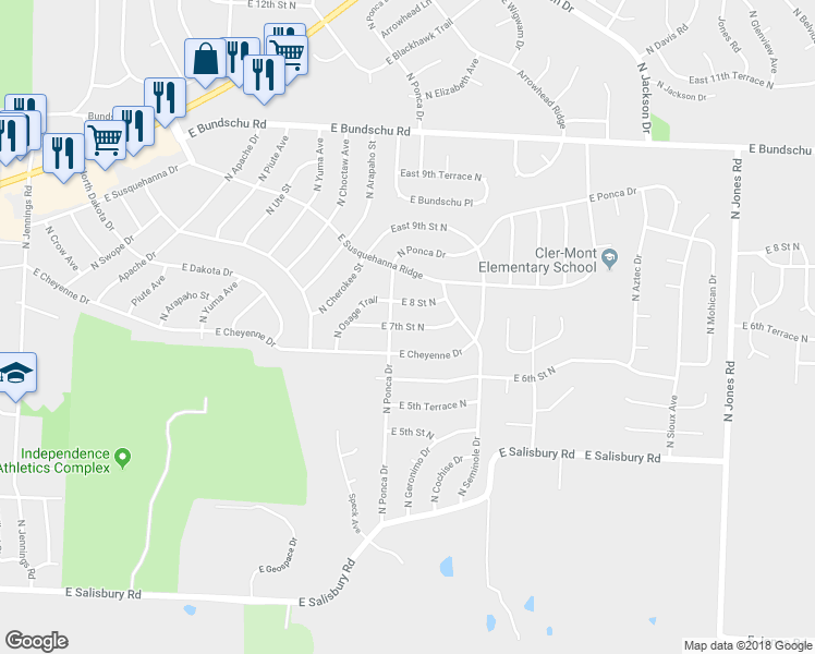 map of restaurants, bars, coffee shops, grocery stores, and more near 18507 East 7th Street North in Independence