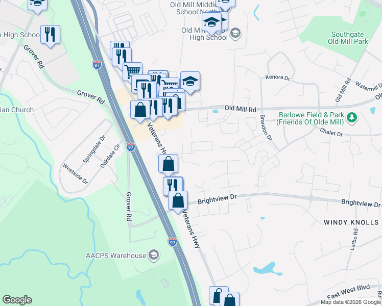 map of restaurants, bars, coffee shops, grocery stores, and more near 8398 Harps Court in Millersville