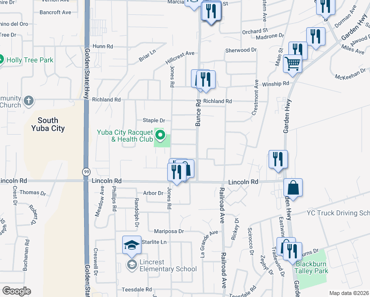 map of restaurants, bars, coffee shops, grocery stores, and more near 965 Jessie Avenue in Yuba City