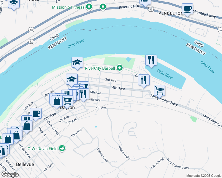 map of restaurants, bars, coffee shops, grocery stores, and more near 311 Boone Street in Dayton