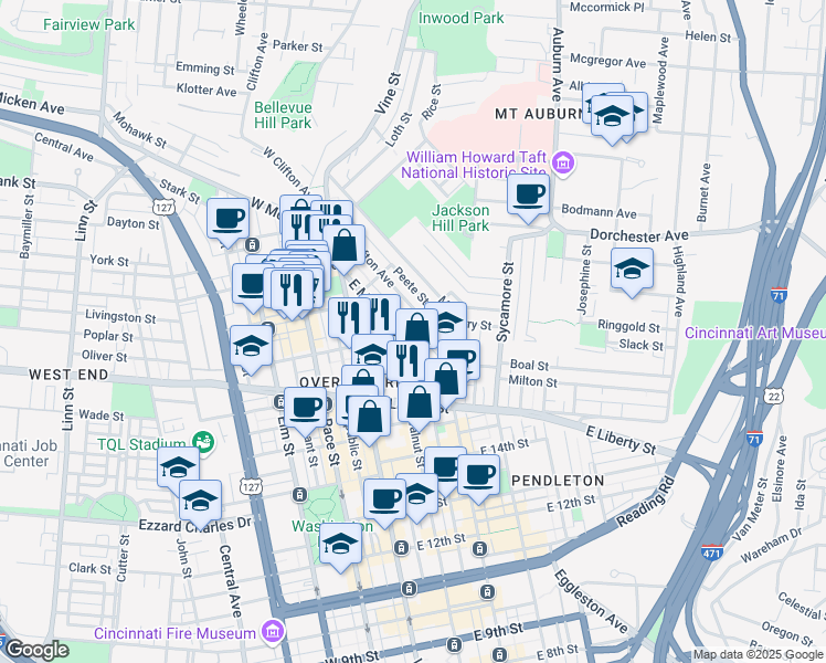 map of restaurants, bars, coffee shops, grocery stores, and more near 139 East Clifton Avenue in Cincinnati
