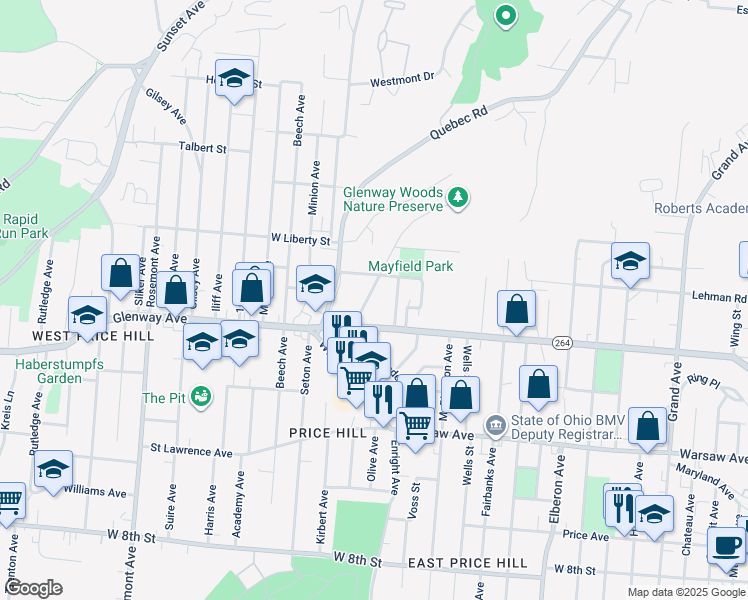 map of restaurants, bars, coffee shops, grocery stores, and more near 1246 Ross Avenue in Cincinnati