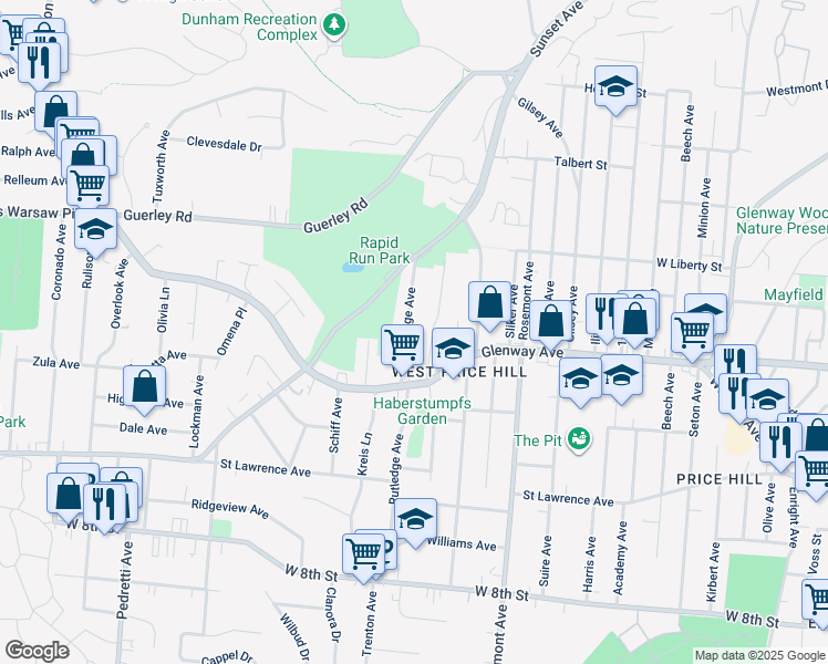 map of restaurants, bars, coffee shops, grocery stores, and more near 1261 Mckeone Avenue in Cincinnati