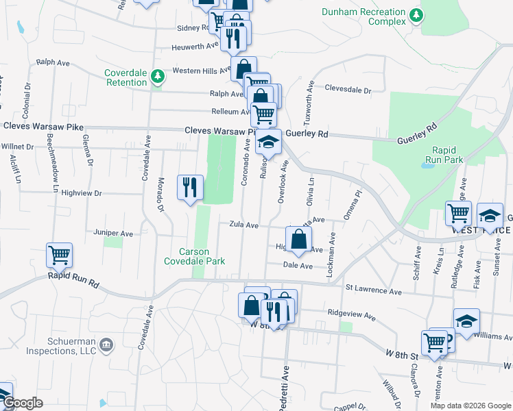 map of restaurants, bars, coffee shops, grocery stores, and more near 1141 Rulison Avenue in Cincinnati