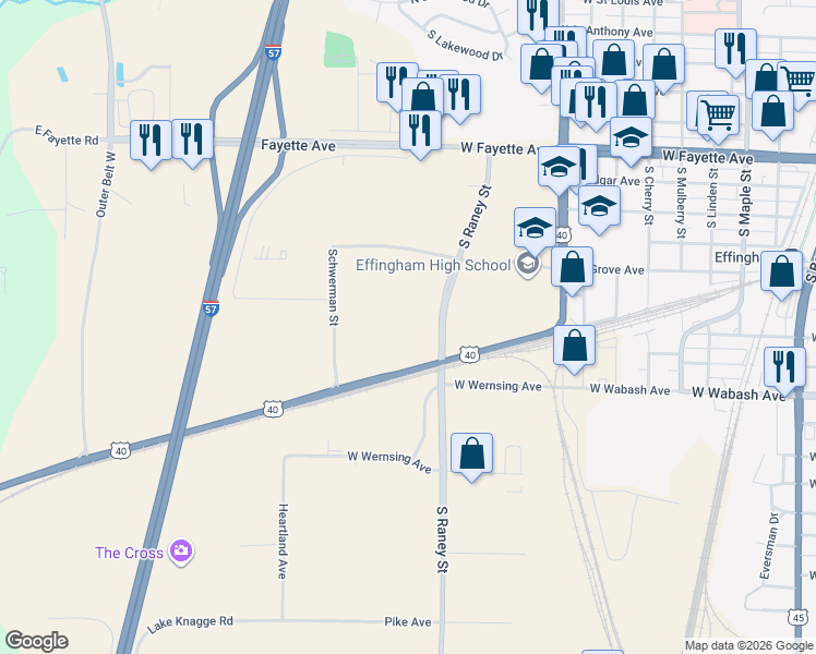 map of restaurants, bars, coffee shops, grocery stores, and more near South Raney Street in Effingham