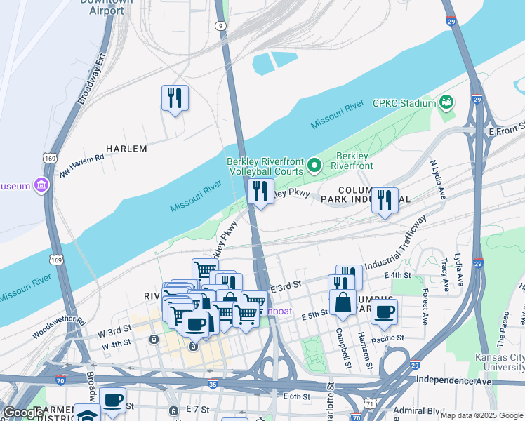 map of restaurants, bars, coffee shops, grocery stores, and more near 501 Berkley in Kansas City