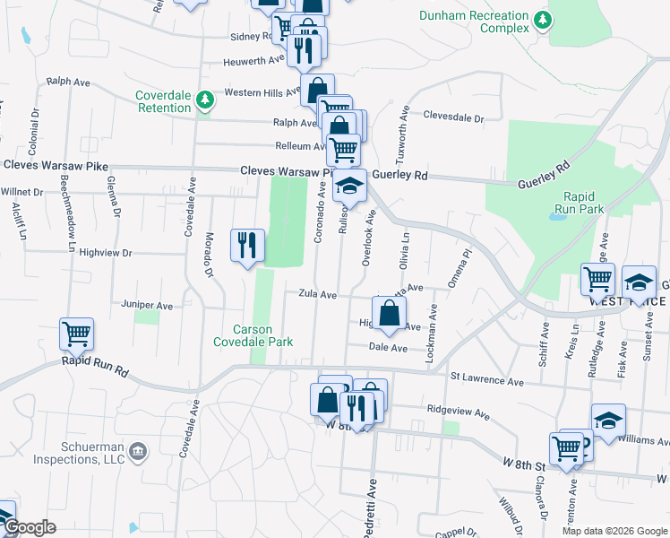 map of restaurants, bars, coffee shops, grocery stores, and more near 1141 Rulison Avenue in Cincinnati