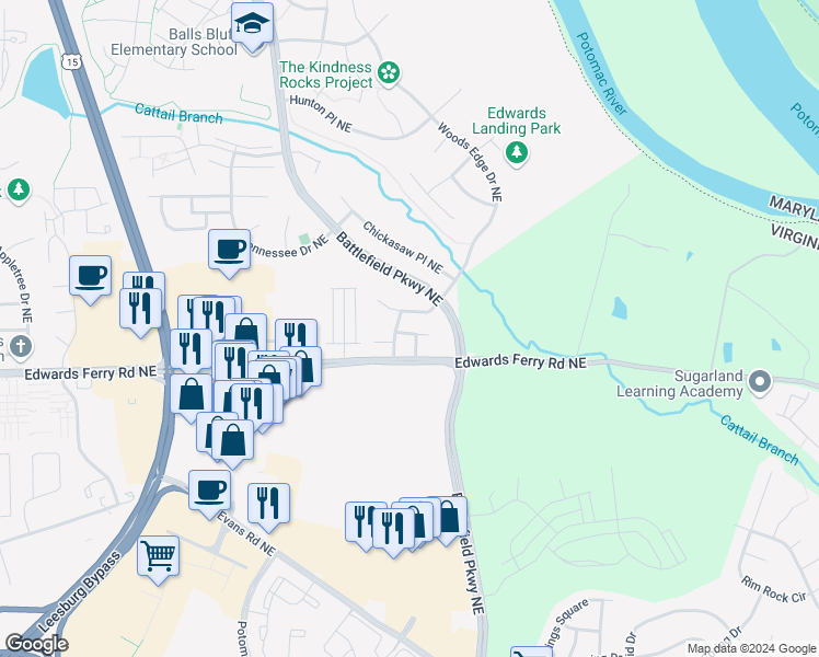 map of restaurants, bars, coffee shops, grocery stores, and more near 1510 Tecumseh Terrace Northeast in Leesburg