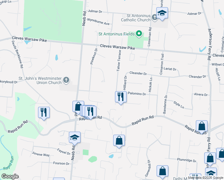 map of restaurants, bars, coffee shops, grocery stores, and more near 1091 Tahoe Terrace in Cincinnati