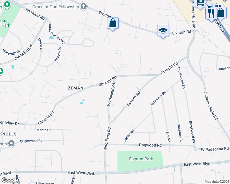 map of restaurants, bars, coffee shops, grocery stores, and more near 8313 Woodland Road in Millersville