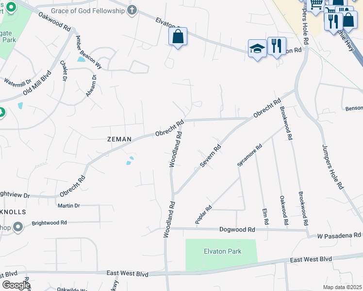 map of restaurants, bars, coffee shops, grocery stores, and more near 8313 Woodland Road in Millersville